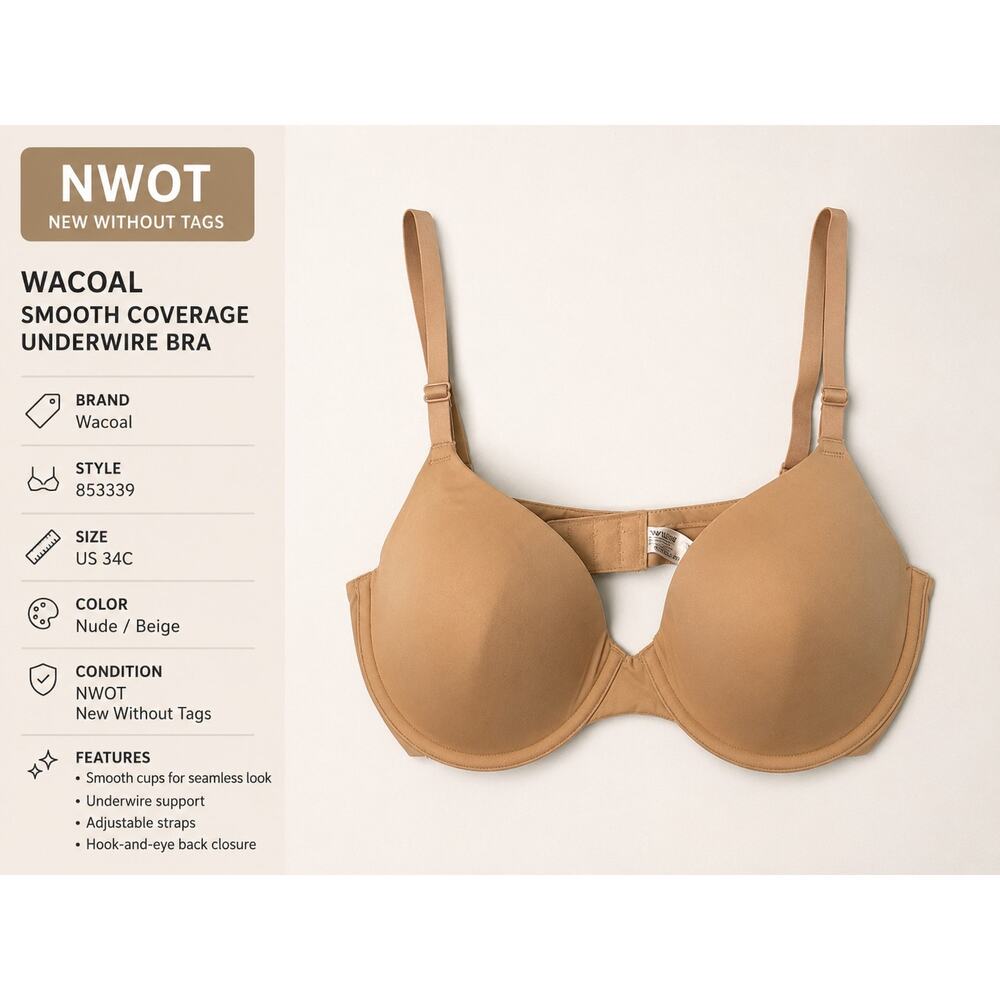 Wacoal 853339 Smooth Coverage Underwire T-Shirt Bra Nude Beige 34C NWOT